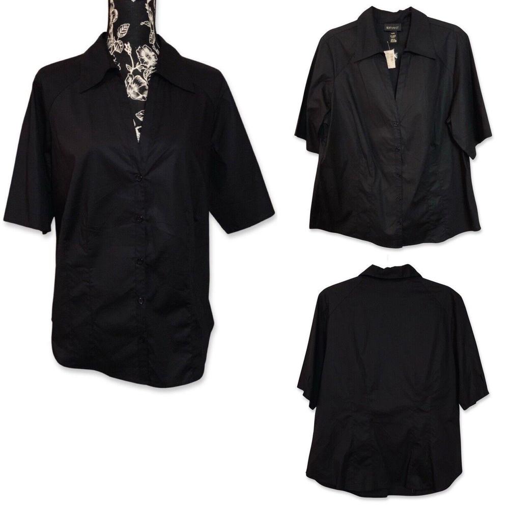 Lane Bryant Collar Deep V Neck Button Up Short Sleeve NWT Womens 14/16 Black
